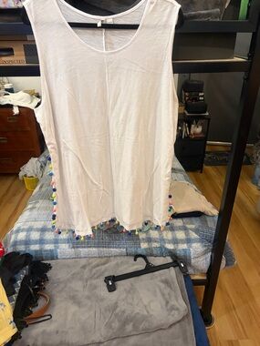 Cato White Tank Top with Colorful Pom-Pom Trim